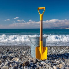 Beach toys ready for playtime. Yellow shovel and metal bucket on pebble beach by ocean waves.