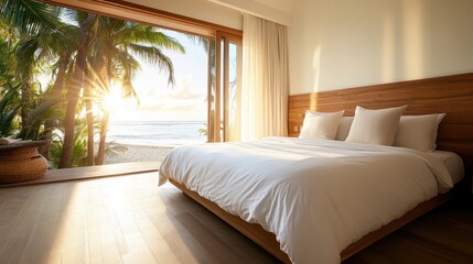 Fototapeta premium A minimalist bedroom featuring a large window that opens to an idyllic beach view, showcasing the perfect harmony of comfort and nature at sunrise.