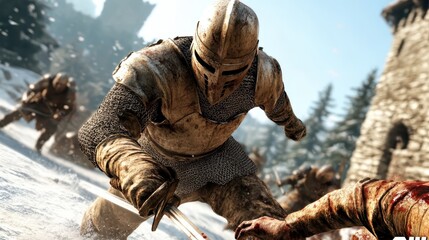 Obraz premium An armored knight fiercely engages in battle against a rival amidst a dramatic, snowy backdrop, depicting the intensity and bravery of medieval warfare.