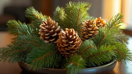 Bunch of pine cones in a bowl, symbolizing holiday spirit. - Powered by Adobe