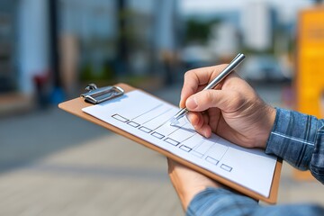 Hand Filling Out Checklist on Clipboard.