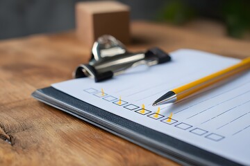 Checklist with Pen on Wooden Table.