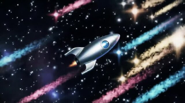 A silver rocket ship flying through a dark space filled with stars and nebulas art