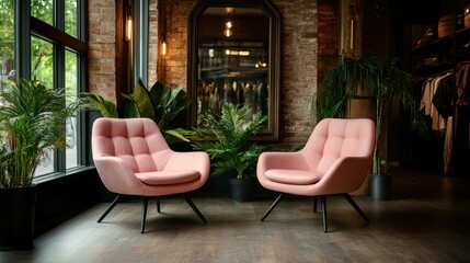 A chic interior featuring two pink chairs surrounded by lush greenery and urban textures, embodying contemporary style and comfort in design.