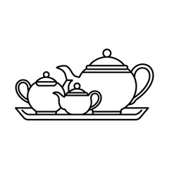 Three teapots on a tray line art black and white