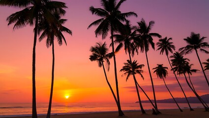 Obraz premium Tropical Sunset Palm Trees Beach Scene