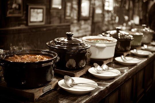 Cook Off. A row of Crock Pots set up for a Chili Competition at a Restaurant, complete with Ladles - Powered by Adobe