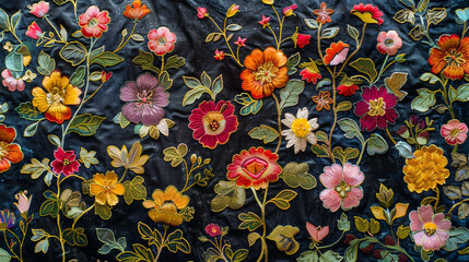 Patterned brocade textile with metallic thread and floral embroidery.