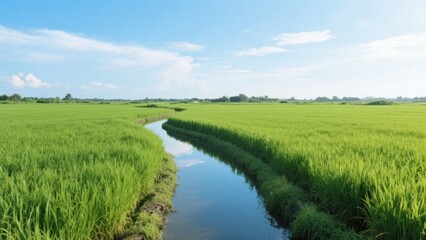 In a verdant rice paddy, a winding canal runs through, reflecting the blue sky, showcasing the fresh and natural rural scenery.