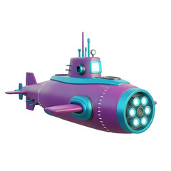 A 3d rendered futuristic purple submarine with glowing lights on a transparent background.