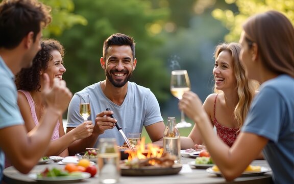 Happy family and friends enjoying outdoor barbecue gathering. High quality - Powered by Adobe