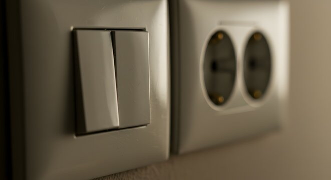 Close-up on a modern electric wall socket with two outlets and a light switch, showcasing contemporary home interior design and electrical fixtures in a clear, focused shot