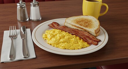 Classic Diner Breakfast: Scrambled Eggs, Bacon, Toast, and Coffee