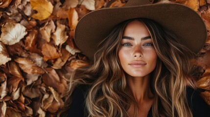 A serene portrait of a woman lying on autumn leaves, showcasing natural beauty and a peaceful connection with nature, emphasizing seasonal change and tranquility.
