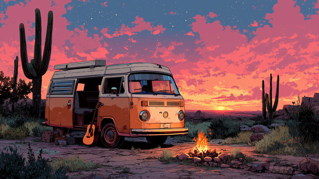 A retro camper van parked in the desert at sunset, with a campfire and a guitar. Nostalgic road trip illustration with a warm, lo-fi anime aesthetic.