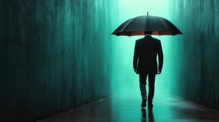 A mysterious silhouette of a man dressed in a suit, holding an umbrella while walking through a foggy alley, evoking feelings of solitude and introspection against a surreal backdrop.