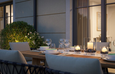 3D Rendering of an outdoor terrace table with candle lights by evening.