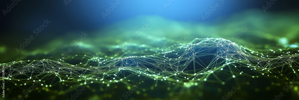 Poster abstract deep green polygonal design with networked dots for data and technology concept background