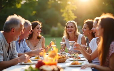 Joyful family barbecue, multigenerational outdoor dinner, diverse group laughing at summer picnic. High quality