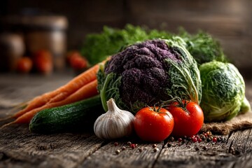 An array of fresh, colorful vegetables including purple cauliflower, carrots, cucumber, garlic, and tomatoes, beautifully displayed on a rustic wooden surface.