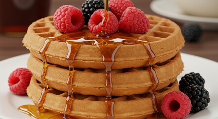 Golden Waffles Drizzled with Syrup and Topped with Raspberries and Blackberries