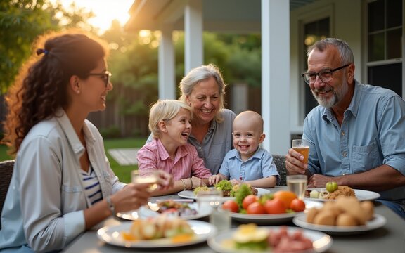 Multi generation family having bbq party outside in the backyard on patio. High quality