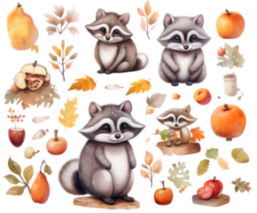 Watercolor illustration featuring raccoons pumpkins pears apples and autumn leaves on a black background on white background