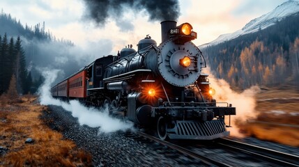 A majestic steam train chugs along a scenic route, emitting puffs of smoke against a backdrop of majestic mountains, evoking a sense of nostalgia and timeless adventure.
