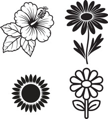 Fototapeta premium Collection of four black and white floral silhouette icons on a white background