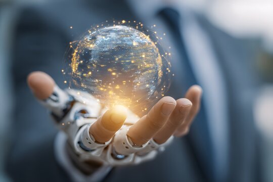 Robotic Hand Holding Digital Globe.