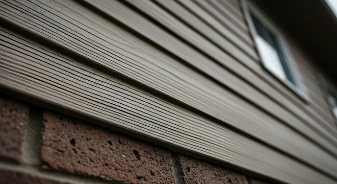 Close-up perspective of horizontal brown vinyl siding installed over a brick wall on the exterior of a house with a window partially visible in the background