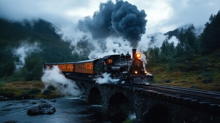 Fototapeta premium A historic steam locomotive chugs along a picturesque bridge, releasing clouds of steam, evoking nostalgia and wonder for timeless travel and adventure.