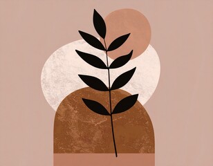 Minimalistyczna grafika w odcieniach beżu, brązu z liściastą gałązką i kolistymi kształtami