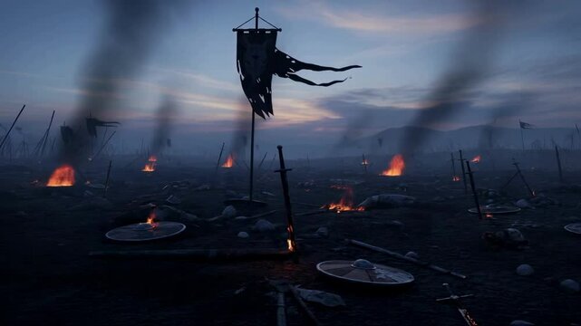 Medieval battlefield lies in ruins after a fierce conflict, smoke rising from smoldering fires, shields and tattered banners scattered, representing the grim aftermath of war and historical loss