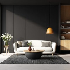 A modern minimalist living room with a bright and airy atmosphere