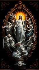 Obraz premium Virgin Mary Statue with Angels Gold Frame Dark Background