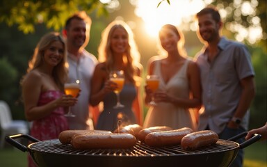 Summer barbecue party in backyard with six people, 4th of July, focus on grill with sausages, evening lights, warm tones. Copy space. High quality