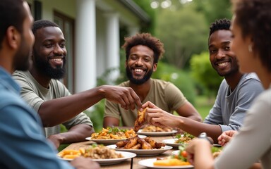 Group multi-ethnic friends having lunch at farmhouse table - Diverse young people sitting at home during bbq party - African guy taking the grilled chicken wings by hands. High quality