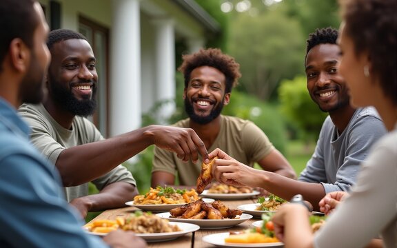 Group multi-ethnic friends having lunch at farmhouse table - Diverse young people sitting at home during bbq party -  African guy taking the grilled chicken wings by hands. High quality - Powered by Adobe