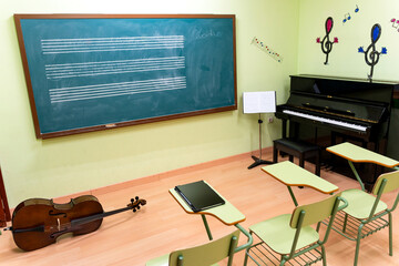 Music classroom prepared for students learning instruments and theory