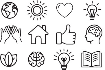 Wellness and Positive Mind Icons Set with Heart Brain Lightbulb and Earth