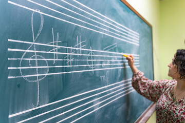 Music teacher writing musical notes on chalkboard during lesson