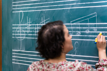 Music teacher writing musical notes on blackboard in classroom