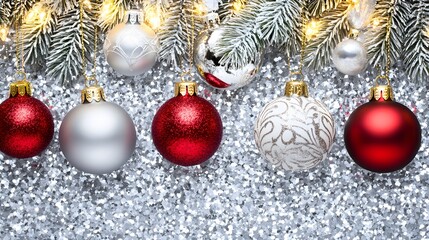 Silver and Red Christmas Ornaments with Fir Branches