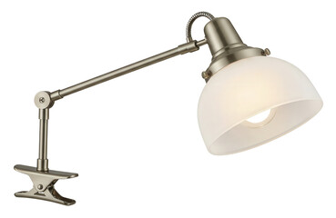 Clamp Lamp with Metal Arm and Glass Shade on White