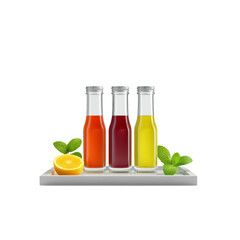 Three Colorful Bottles of Fresh Juice on a Tray with Lemon and Mint