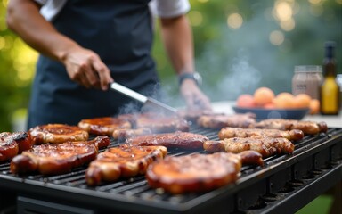Man in an apron grilling meat on the grill at home, outdoor barbecue party with family and friends. High quality