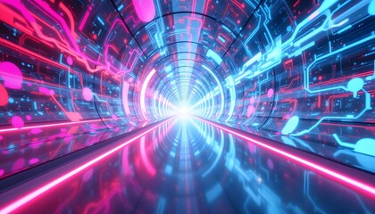 A high resolution, photorealistic 3D rendering displays a long, futuristic tunnel with impeccably smooth, transparent glass walls