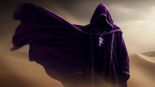 Mysterious figure in a flowing purple hooded cloak stands in a desert landscape, perhaps a wizard or traveler, evoking themes of fantasy, adventure, magic and enigmatic journeys in epic storytelling