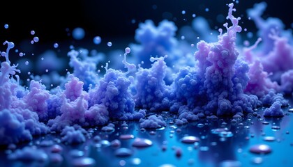 A mesmerizing blend of viscous fluid dynamics unfolds against a backdrop of deep shadow, where ink like foams and suspended bubbles dance within an emulsion of oil and water